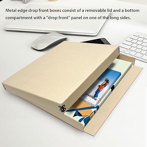 Miniatura 7 de Lineco, Caja de almacenamiento de museo Tan de 8 x 10 pulgadas con tapa extraíble y diseño frontal caído, libre de ácido con borde de metal. Protege