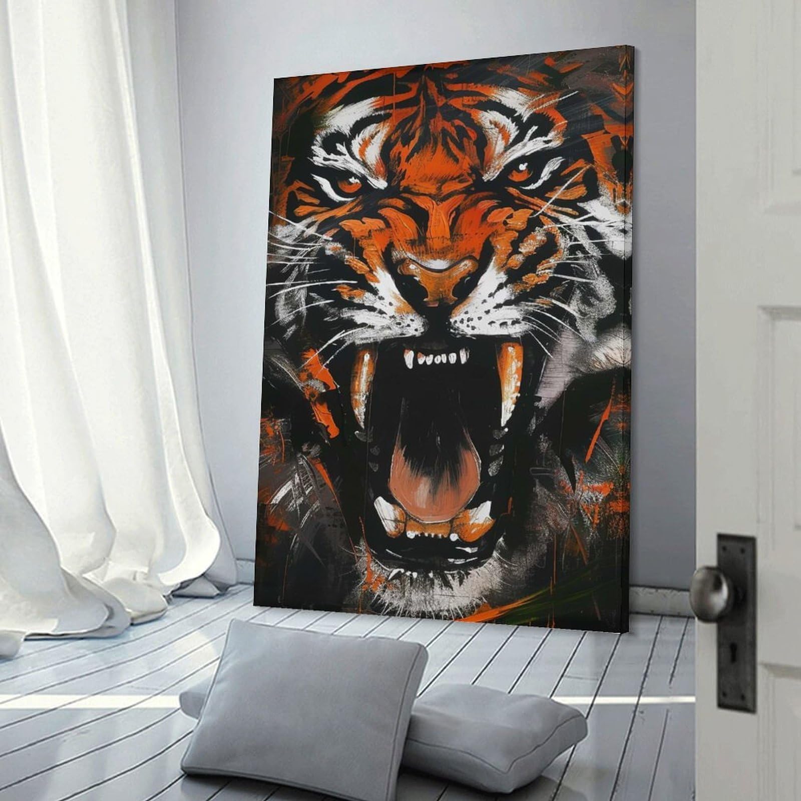 Junmoney Frame-Style-6 Decorative Wall Artwork Tiger Roar Painting, 08X12inch(20X30cm), For New Homes, Bedrooms Or Workspaces, Canvas Artwork With Gifting Potential