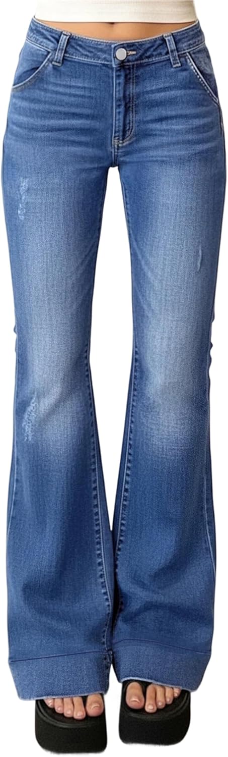 EMMIOL Women Mid-High Waisted Flare Jeans Y2K 90s Vintage Stretchy Bootcut Wide Leg Denim Pants Bell Bottom