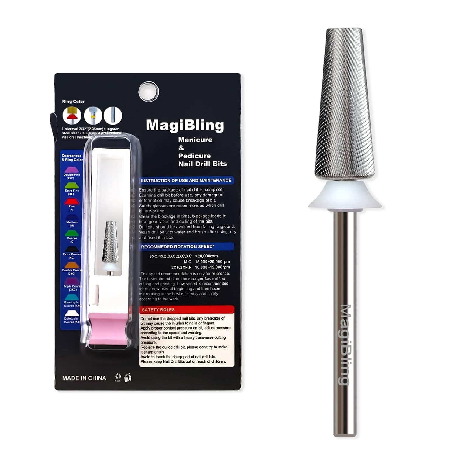 3XF Tapered Barrel Nail Drill Bit, 3/32" Cross-Cut Tungsten Carbide Safety E-File Bit, Low-Vibration for Sensitive Nails & Thin Gel Acrylic Removal, Two-Way Rotation for Nail techs and Beginners