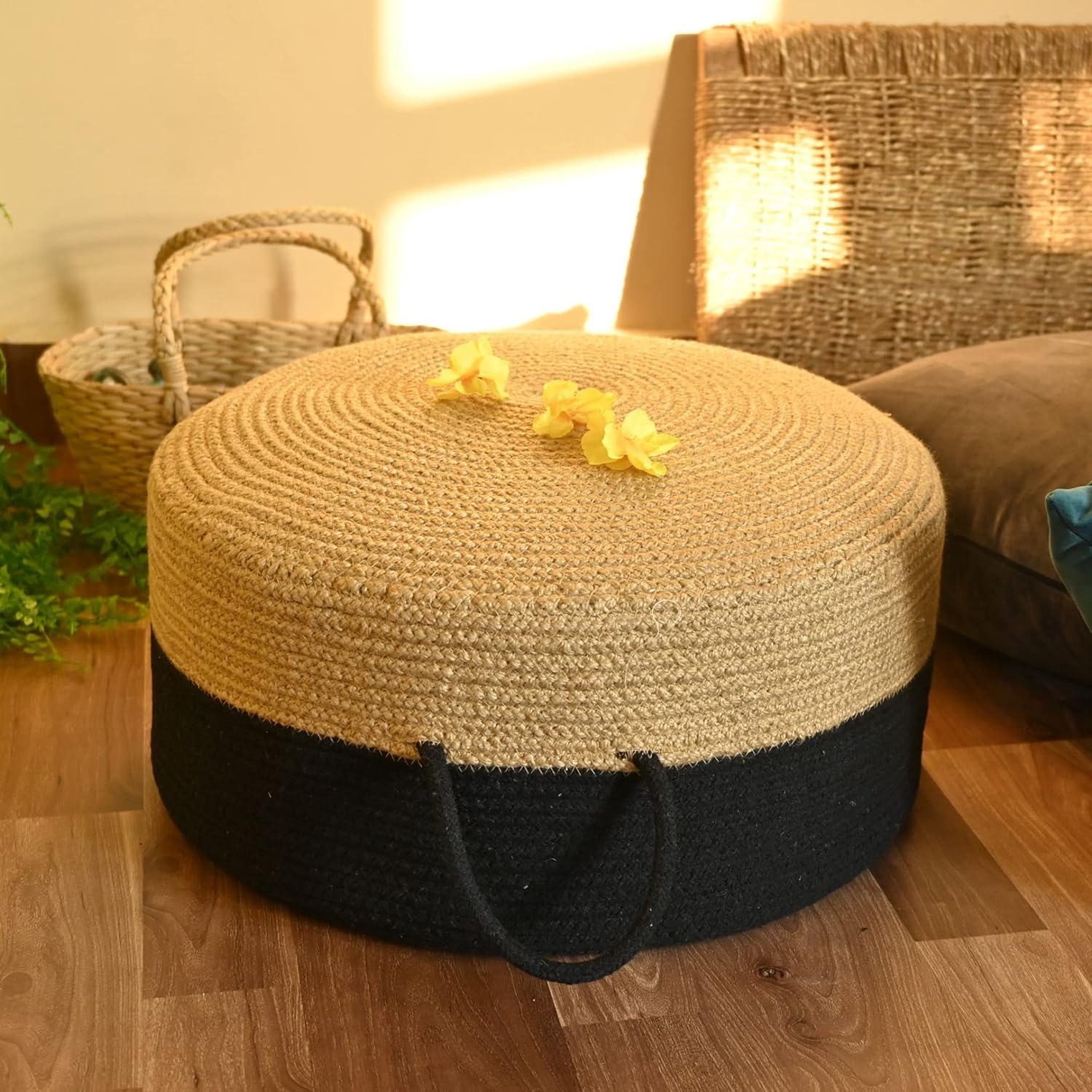 Braided Ottoman Pouf - Cozy & Bohemian/Hemp Hand Crafted Casual Seating for Home Office Bedroom (Jute & Cotton, Black line) (Jute Black 1)-image-1