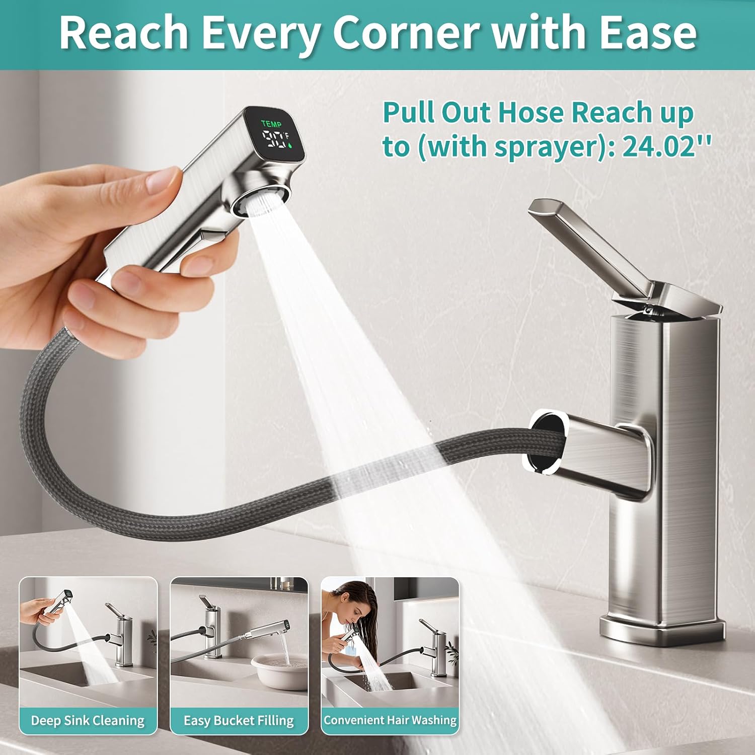 MIAOHUI Single Hole Bathroom Faucet with Temperature Display, 3 Spray Mode Bathroom Faucet 1 Hole with Pull Out Sprayer, Pull Down Vanity Tap with Retractable Hose, Fountain Mode, Brushed Nickel