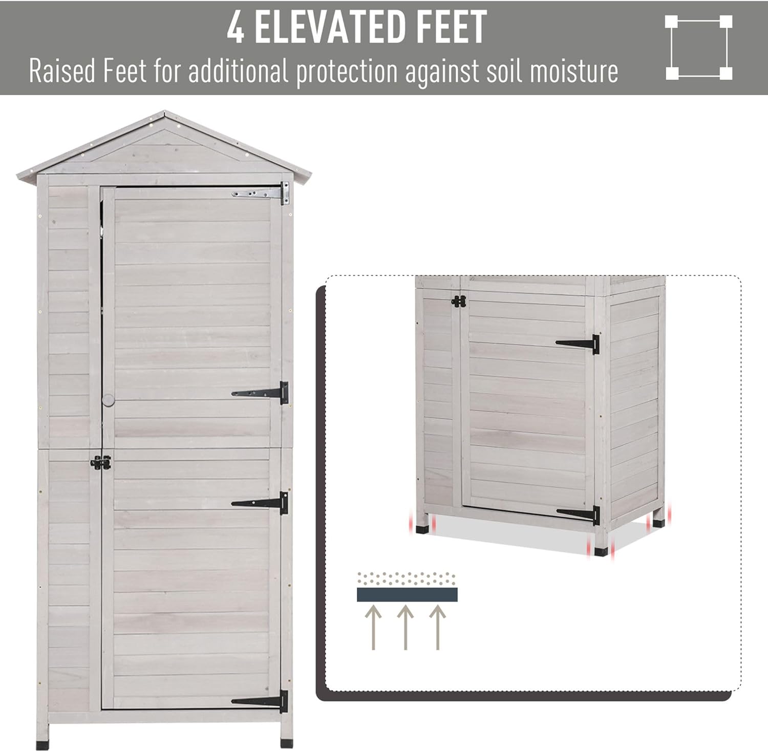 Garden Storage Shed 4-Tier Wooden Light Gray Accent Tin Roof Lockable Magnetic Latch Enhanced Stability Durable Longevity Protection