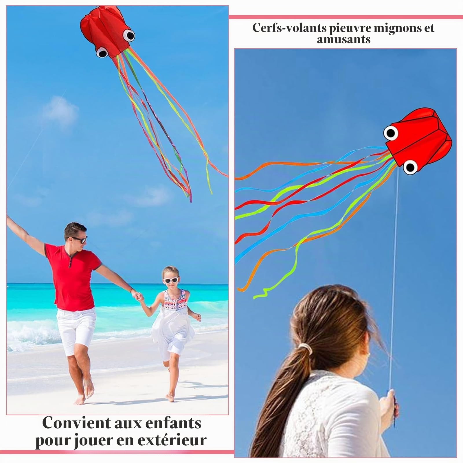 Cerf-Volant Pieuvre Cerf Volant, Rainbow Volant | avec Longue Queue de 100 m pour Garçons et Filles - avec Ficelle et Poignée pour Excursion à la Plage