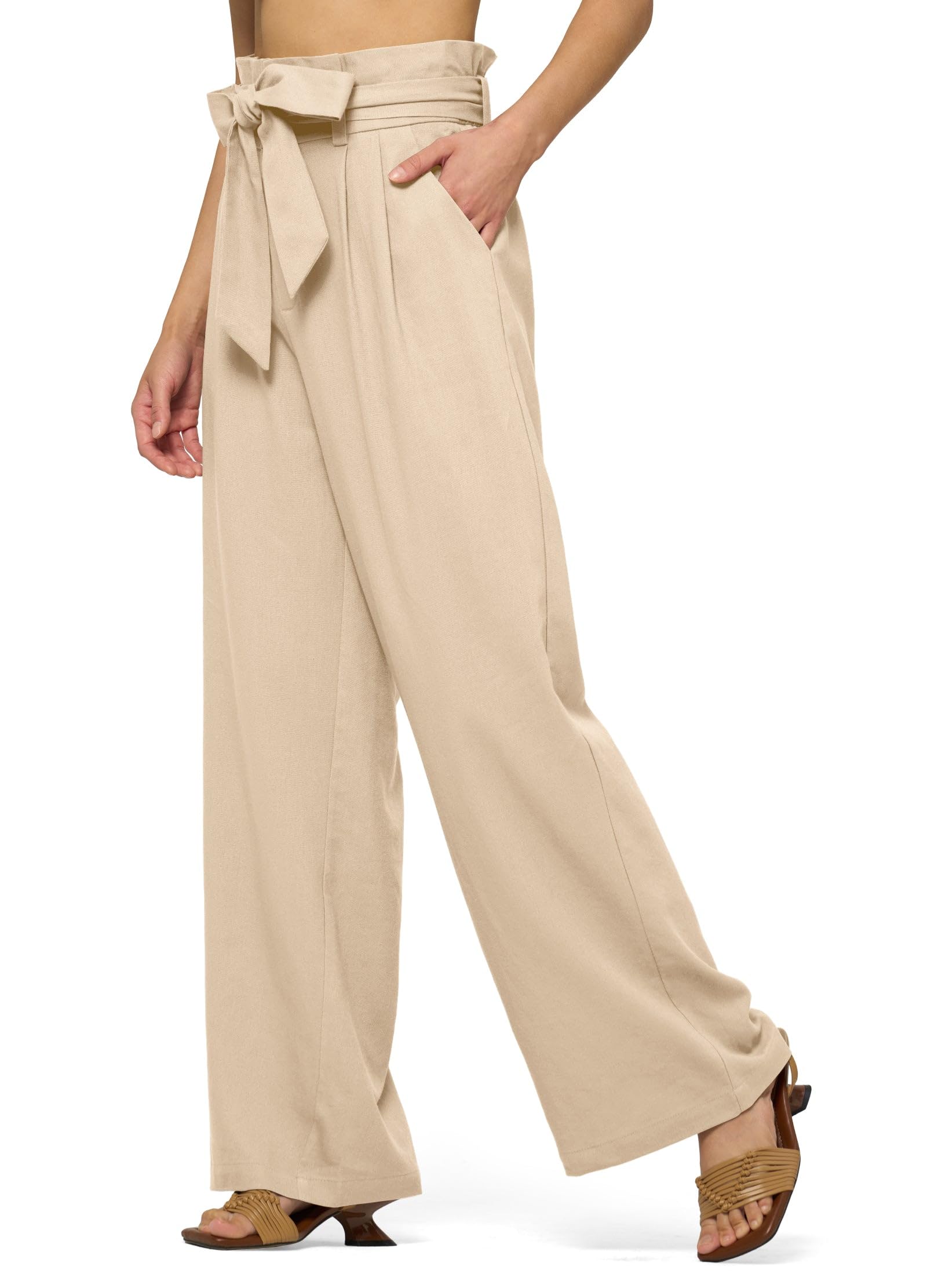 Willit Pantaloni da donna in lino casual a gamba larga, pantaloni da lavoro a vita alta, tasche estive con nodo 71,1 cm/76,2 cm/32 ''