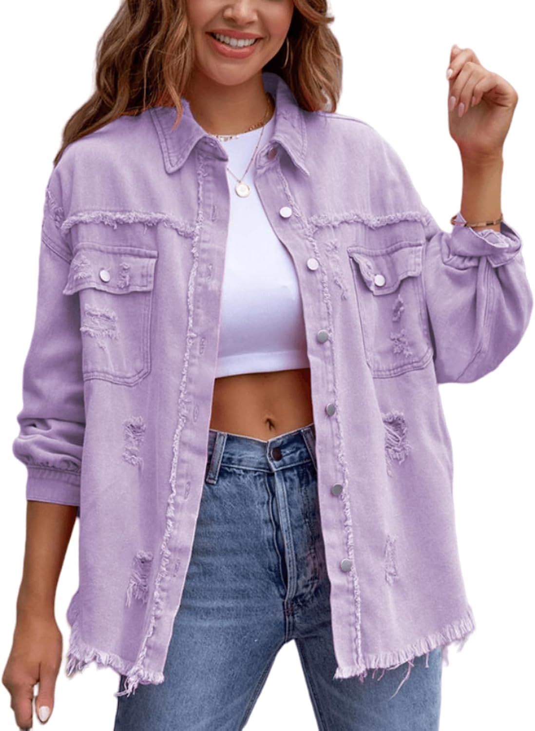 Womens Oversized Ripped Fringe Denim Jacket Casual Long Sleeve Boyfriend Jean Jacket Coat