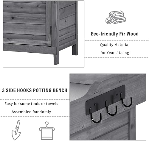 Miniatura 4 de Armario de almacenamiento de madera para exteriores de 39 pulgadas con estantes de 2 niveles y gancho lateral, mesa para macetas de doble puerta