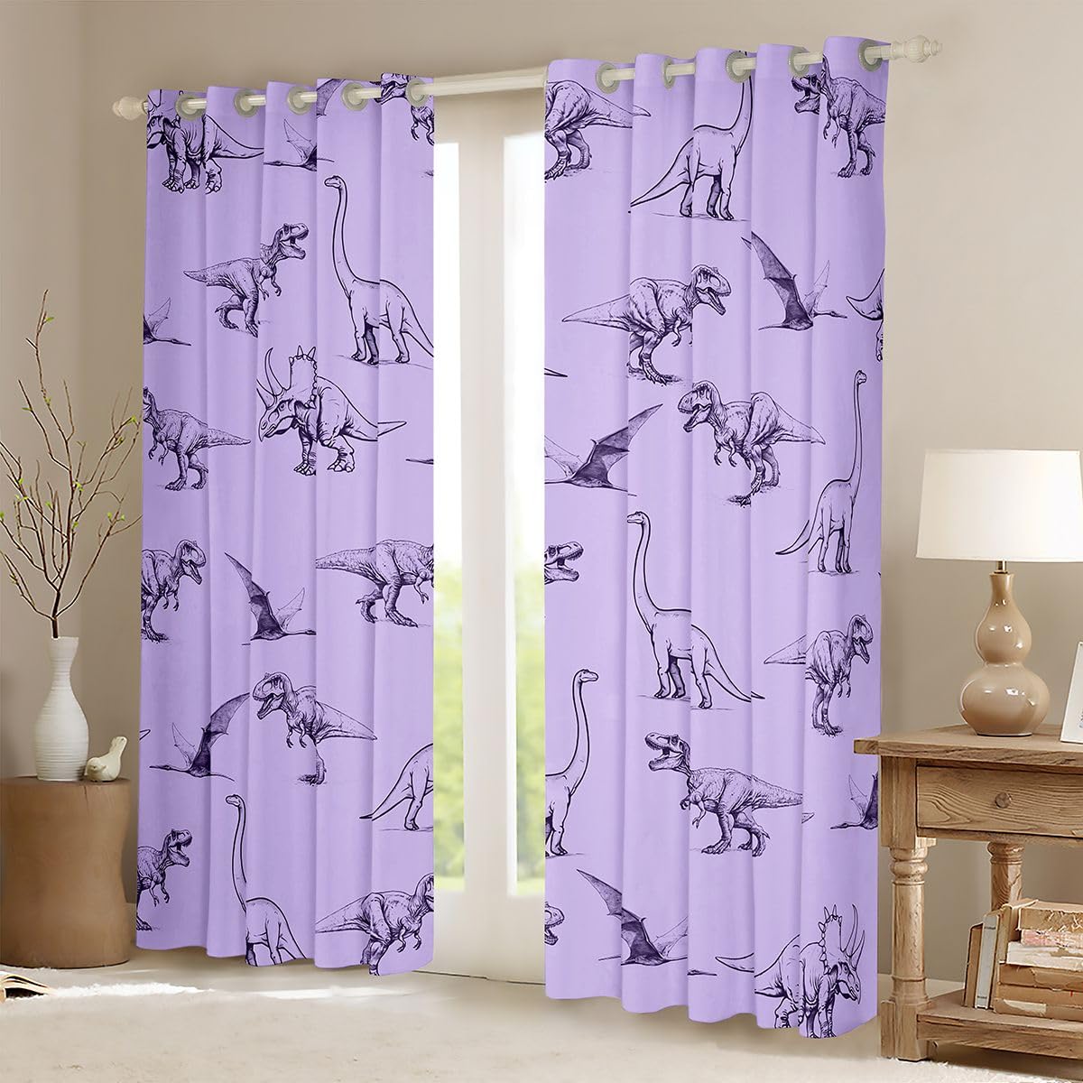 Homewish Rideau Occultant 140x245 cm Jurassique Rideau Dinosaure Rideaux Voilage Ptérosaure Tricératops Dessiné à la Main Voilage Fenetre Dessin au Trait Simple Violet pour Chambre Salon