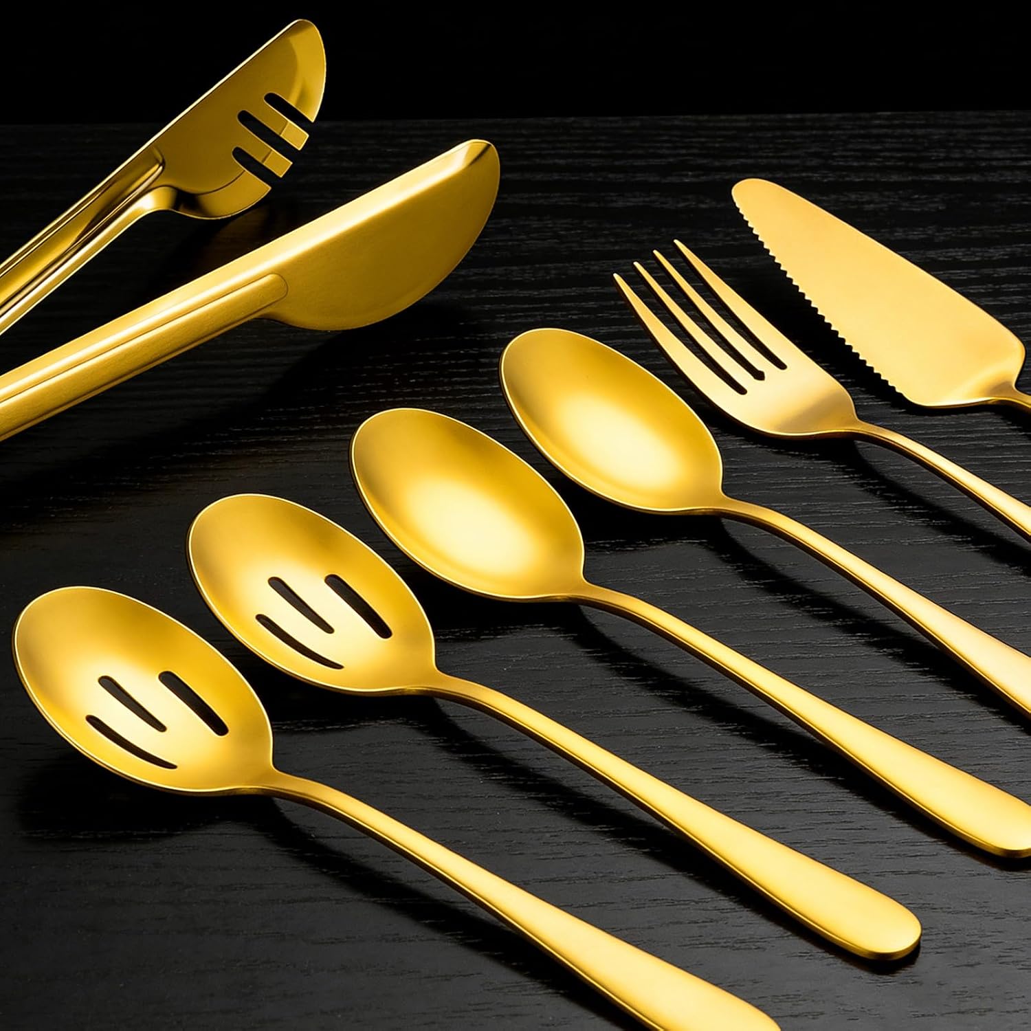 10 PCS Stainless Steel Serving Utensils Set with Large Serving Spoons, Slotted Spoons, Forks, Serving Tongs, Pie Server, Butter Knife for Buffet Catering Banquet Party, Gold