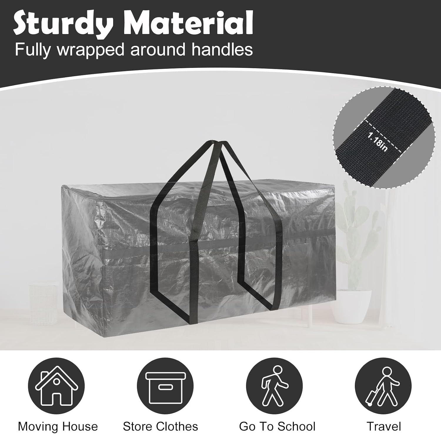 Demao 66 Gallon Extra Large Moving Bag，Black Heavy Duty Storage Bag with 2-Way Zipper&Full Surround Handle,Waterproof & Dustproof Totes for Storage,Moving & Travel -1 Pack