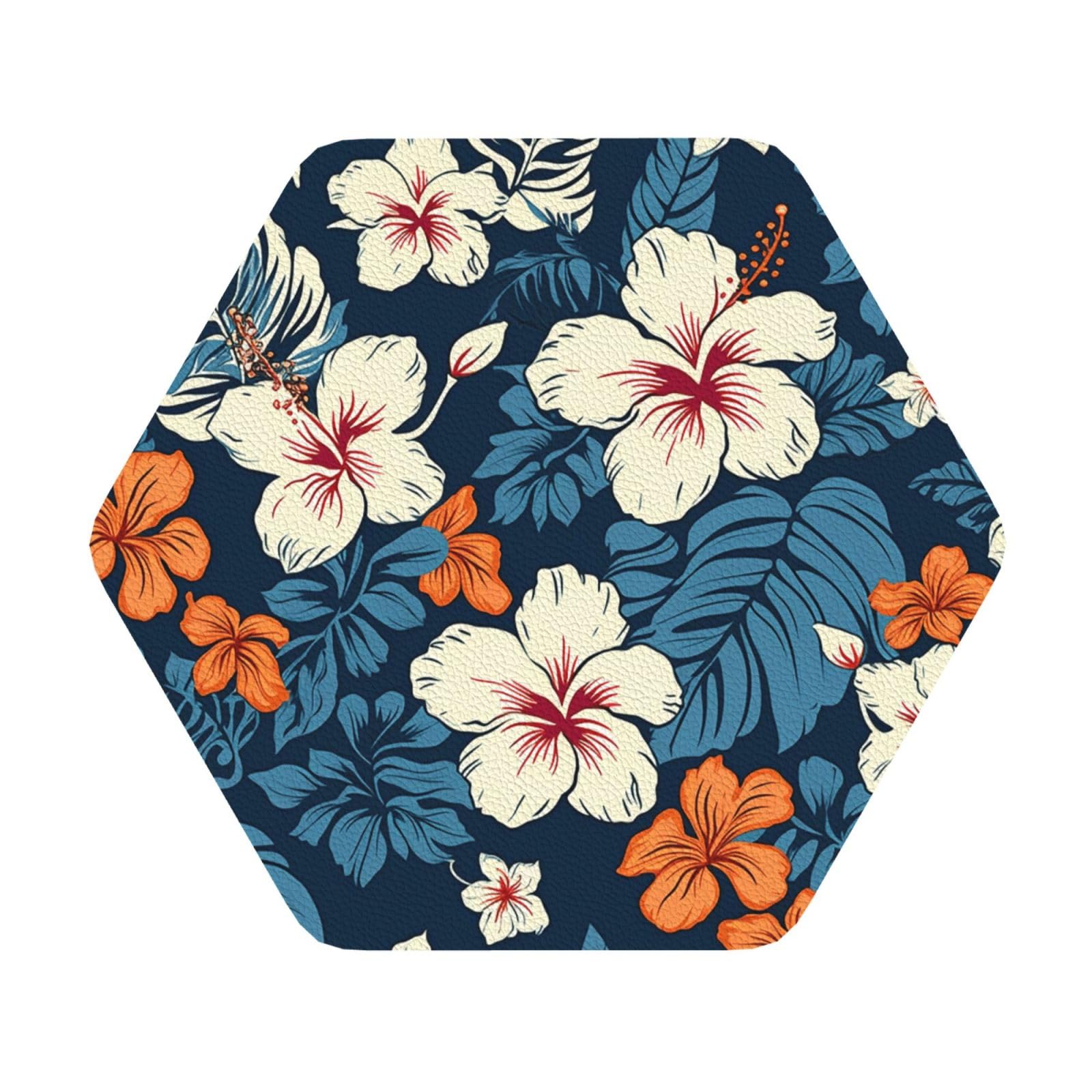 Fodpand Hexagon Hawaii Flower Drink Coasters Set Of 4, Heat Resistant Leather Coasters Fuuny Bar Beer Beverage Coaster For Drinks, Absorbent Cup Mat For Tabletop Protection, Housewarming Gift