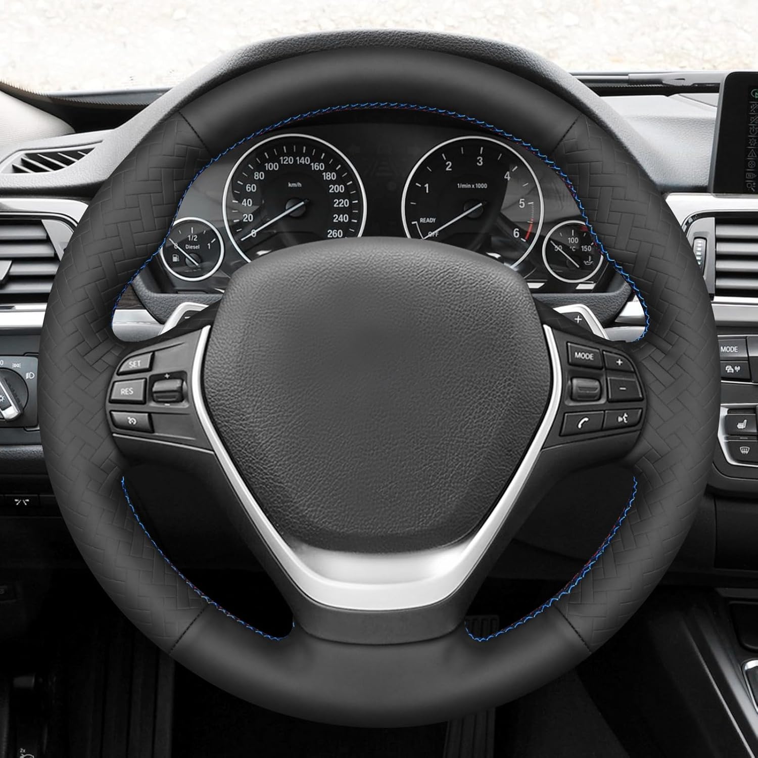 MEWANT Hand Stitch Black Solid Embossed Faux Leather Steering Wheel Cover for BMW 2Series F22 F23 F30 F34 F32 F33 F36