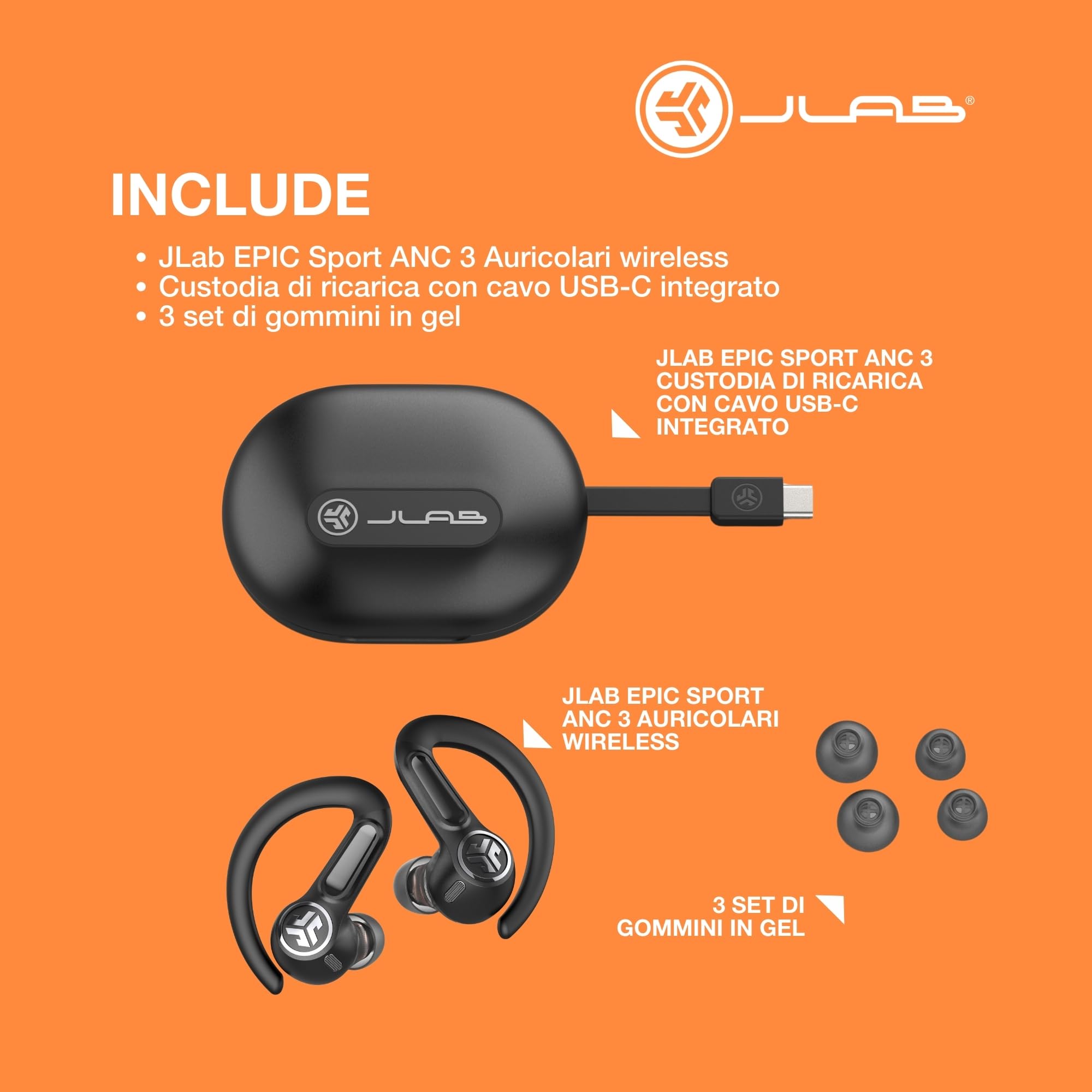JLab Epic Air Sport Gen 3 ANC Cuffie Bluetooth - Cancellazione Rumore | Auricolari Bluetooth Sport, 68H+, In-Ear per Palestra e Corsa, IP66 Resistenti Sudore, Custodia di Ricarica USB-C