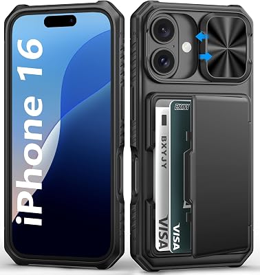 BXYJY for iPhone 16 Case Wallet, Credit Card Holder (4-5 Cards), Black | Slide Camera Cover, Military Drop Protection, RFID Blocking, Rugged Heavy Duty Men Women Protective Phone Case for iPhone 16