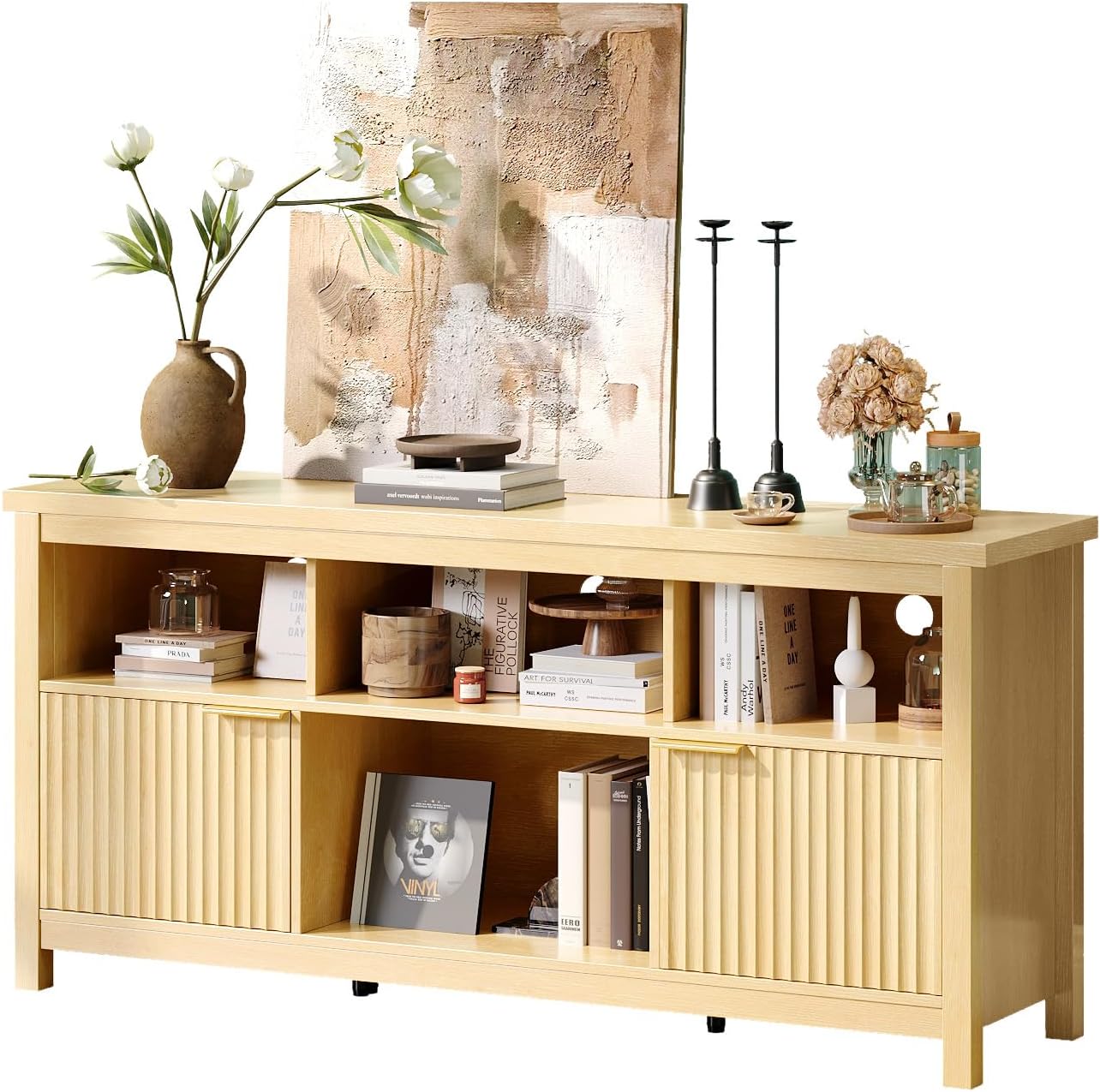 VINGLI 58" Fluted TV Stand for TVs up to 70", Modern TV Stand with Storage & Adjustable Shelves, Elegant Media Console Entertainment Center for Living Room & Bedroom, Oak