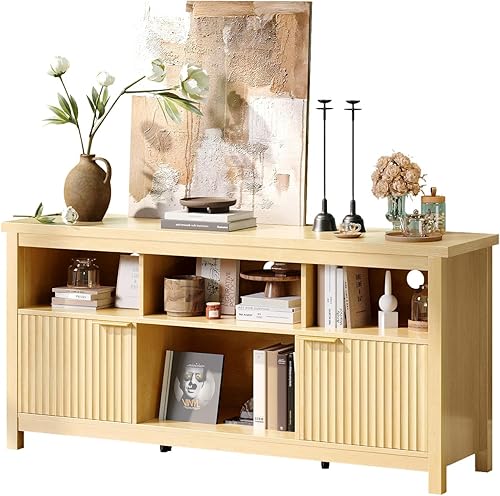 Miniatura 14 de VINGLI Soporte de TV acanalado de 58 pulgadas para televisores de hasta 70 pulgadas, moderno soporte de TV con almacenamiento y estantes ajustables,