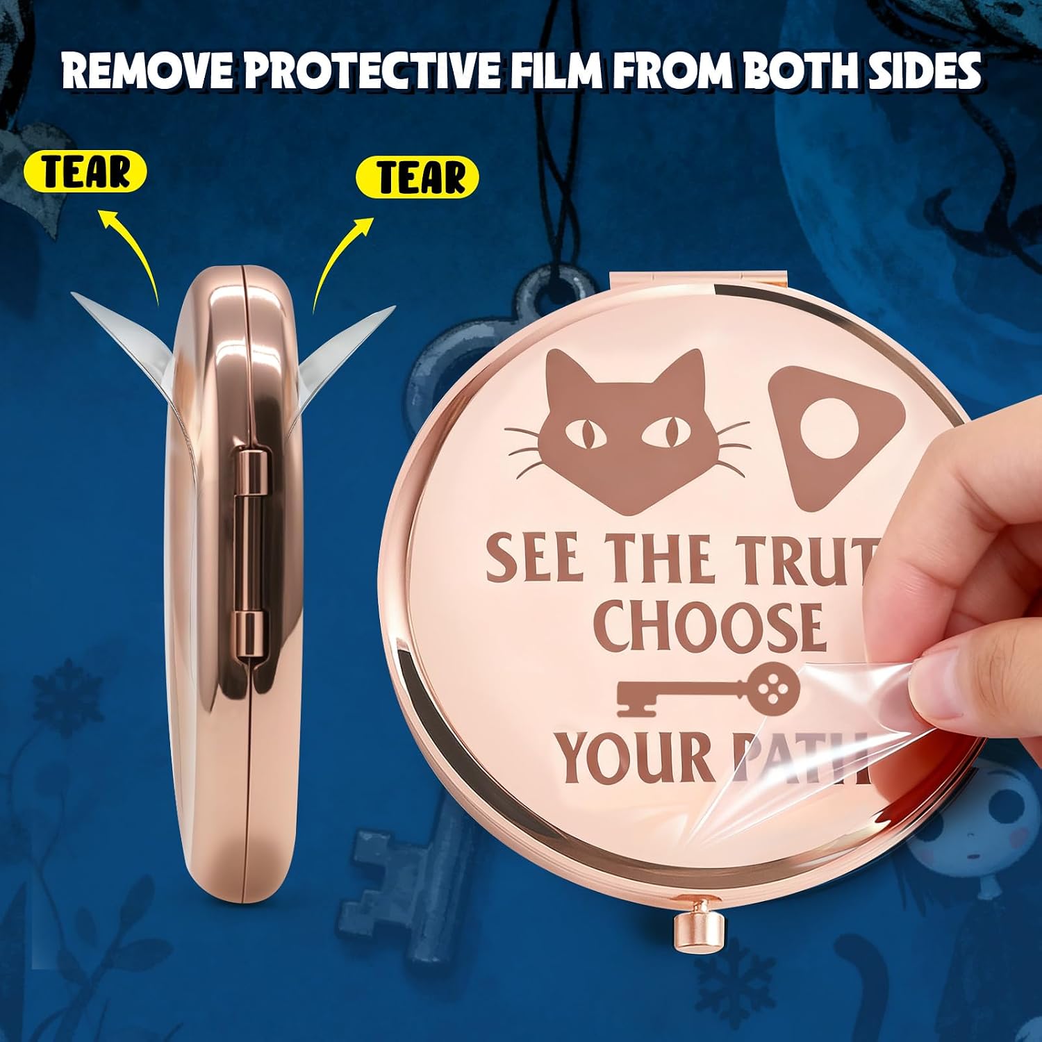 Compact Pocket Makeup Mirror with Black Cat, Key & Gem Design for Women – Cute Movie Merch Stuff Gift for Fans (Rose Gold)