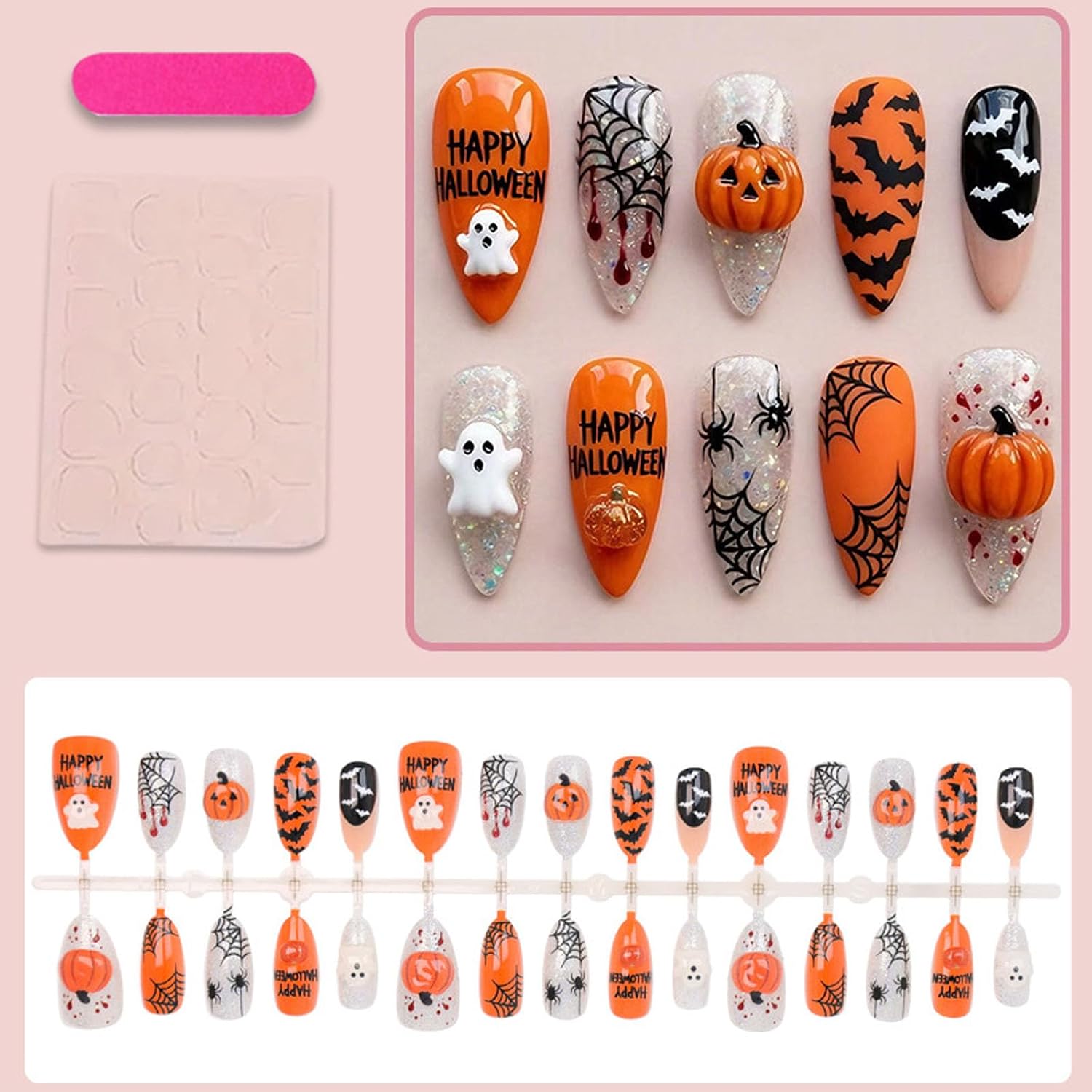 Halloween Press on Nails Medium Almond Fake Nails with 3D Pumpkin Glitter Spider Web Bat Design French Tip Nails Press ons Orange Glue on Nails Silver False Nails Glossy Stick on Nails for Women 24Pcs