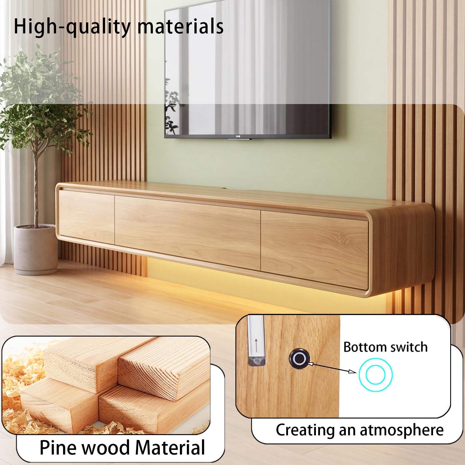 Mueble de TV de Madera Maciza,Mueble de TV Flotante, Mueble Bajo de Pared para TV, Adecuado para el Salón y el Dormitorio,Madera 220CM-LED