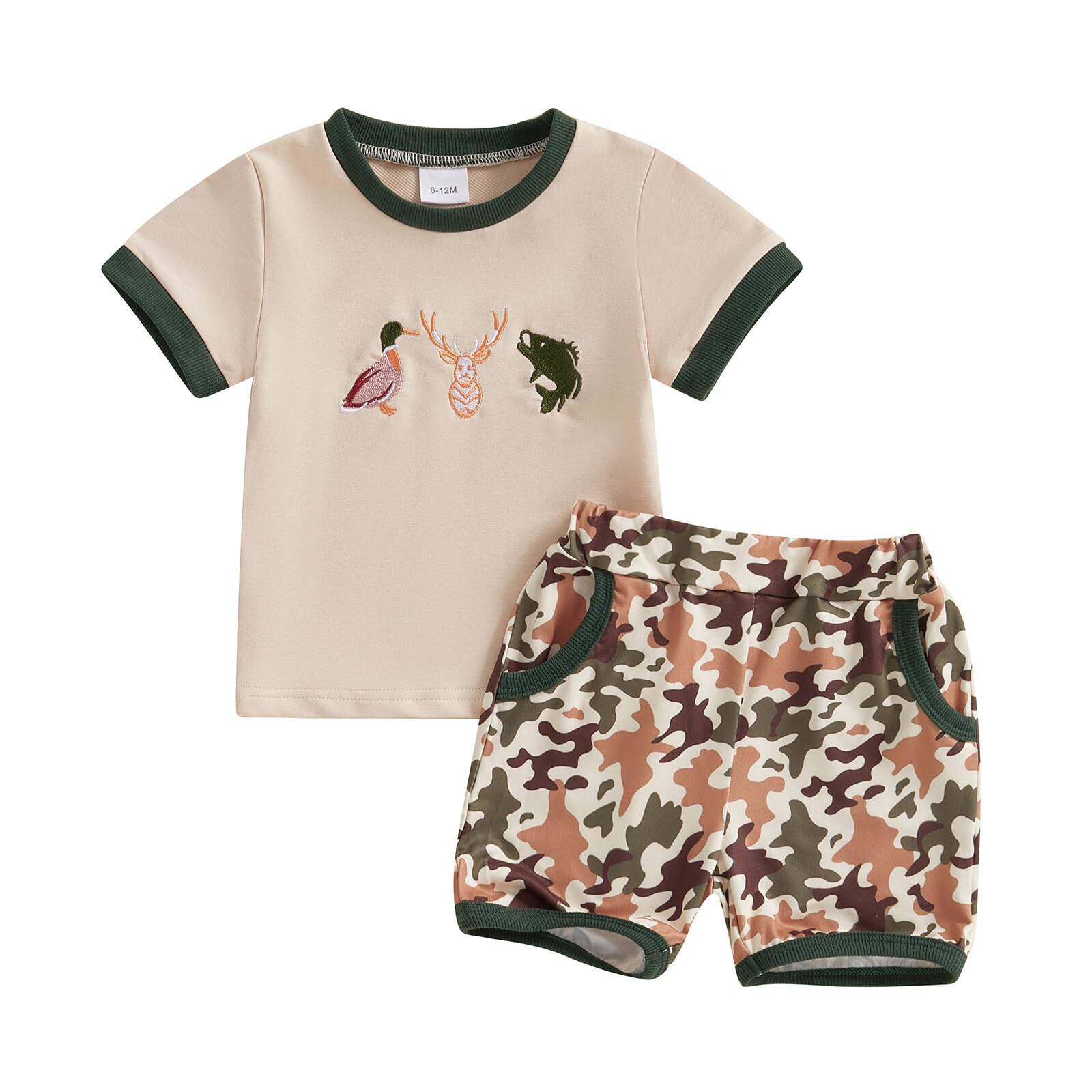 PUHHAPIEY Toddler Baby Boy Summer Clothes Retro Embroidery Duck Hunting Shirts T-Shirt + Elastic Camouflage Shorts Set