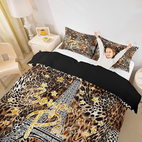Miniatura 5 de Juego de ropa de cama con estampado de leopardo, Torre Eiffel, juego de funda de edredón para niños, adolescentes, París con purpurina, funda de