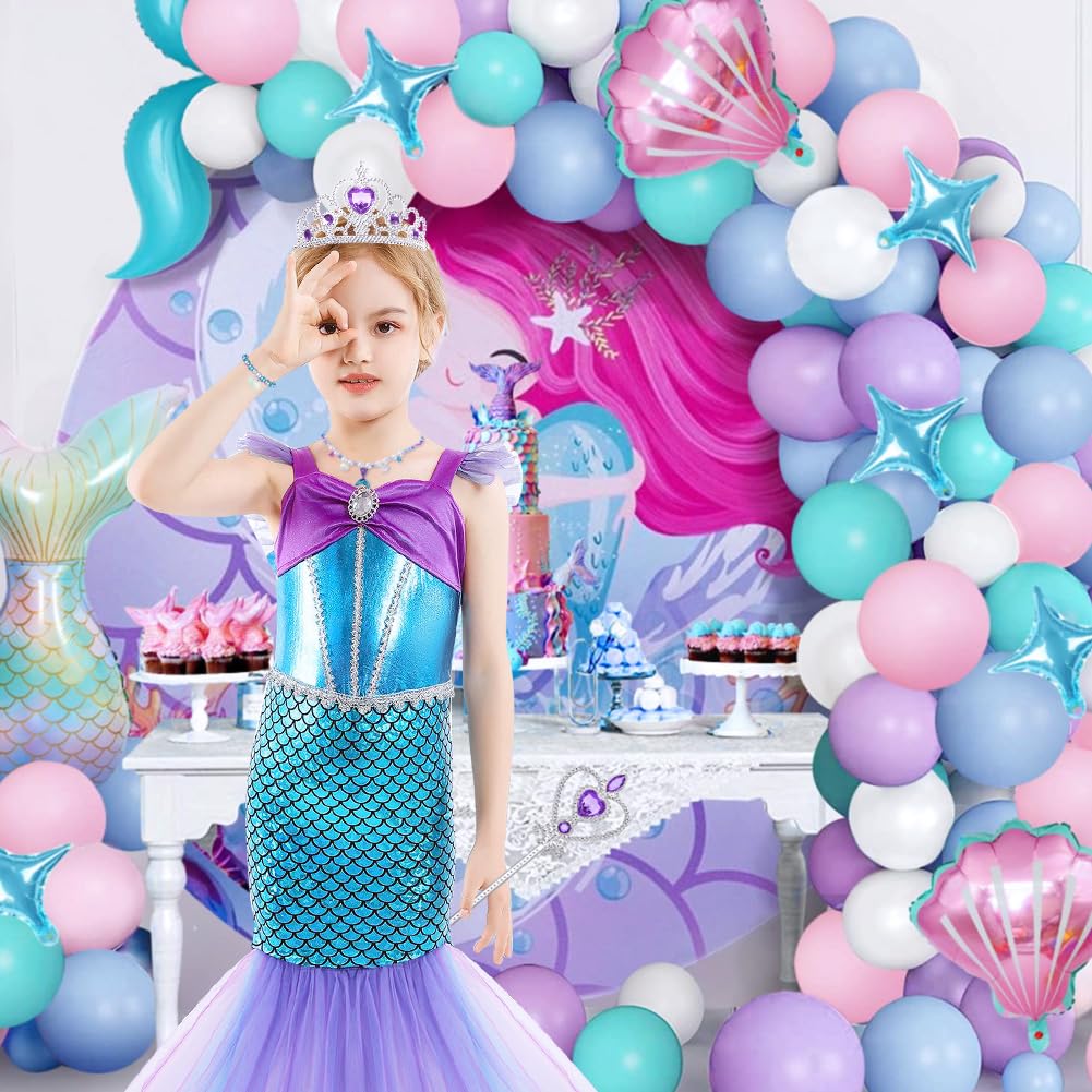 AYBUY Vestito Sirenetta Bambina, Sirena Principessa Vestito con Corona Scettro e Gioielli della Collana, Costume da Principessa Sirena Bambina per Halloween, Natale, Compleanno, Cosplay