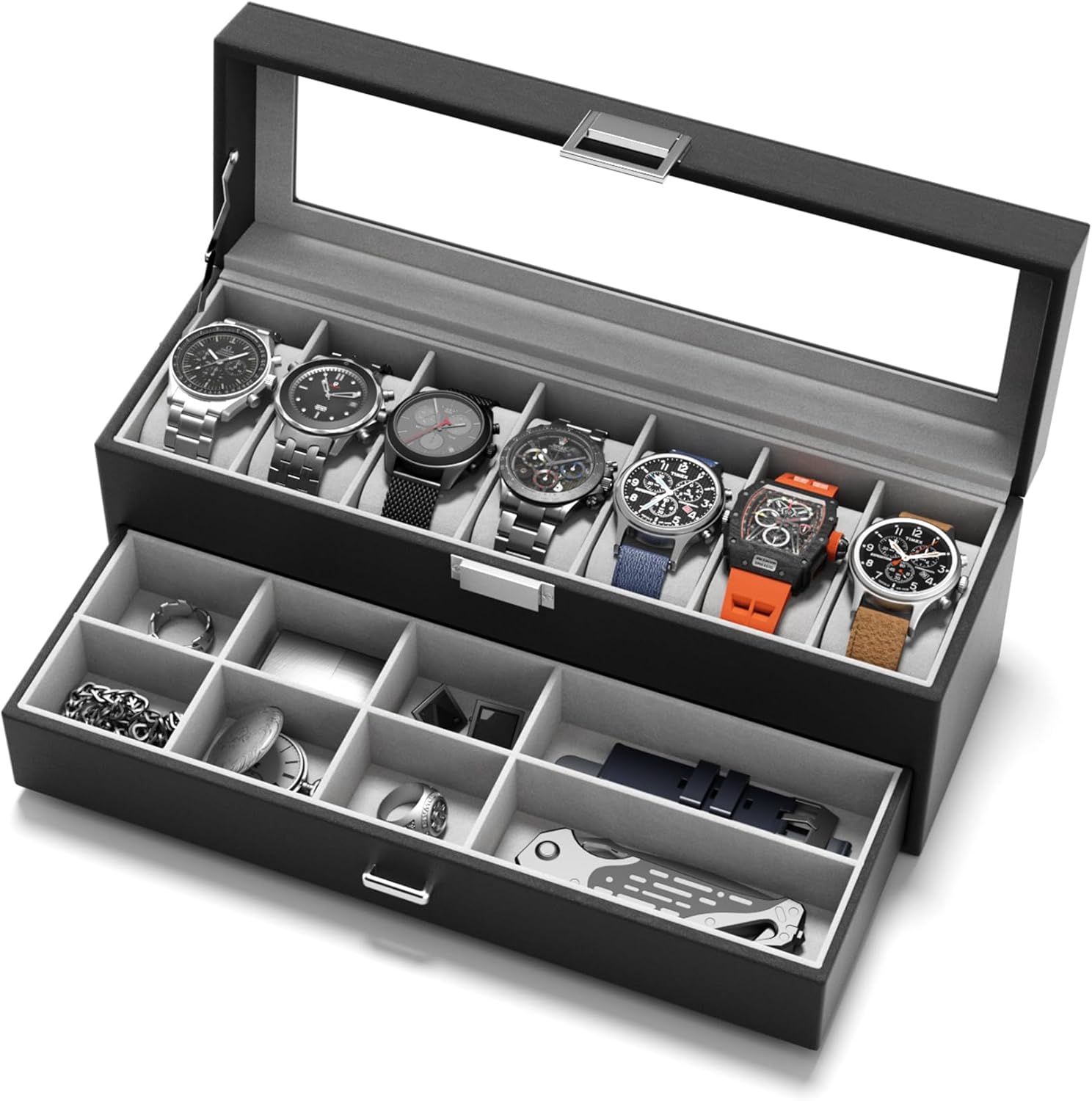 Watch Case Box for Men – 14 Slots Watch Display Organizer with 6-Compartment Eyeglasses Storage, Real Glass Lid 2-Layer PU Leather Collection Holder Gift for Loved Ones Brown