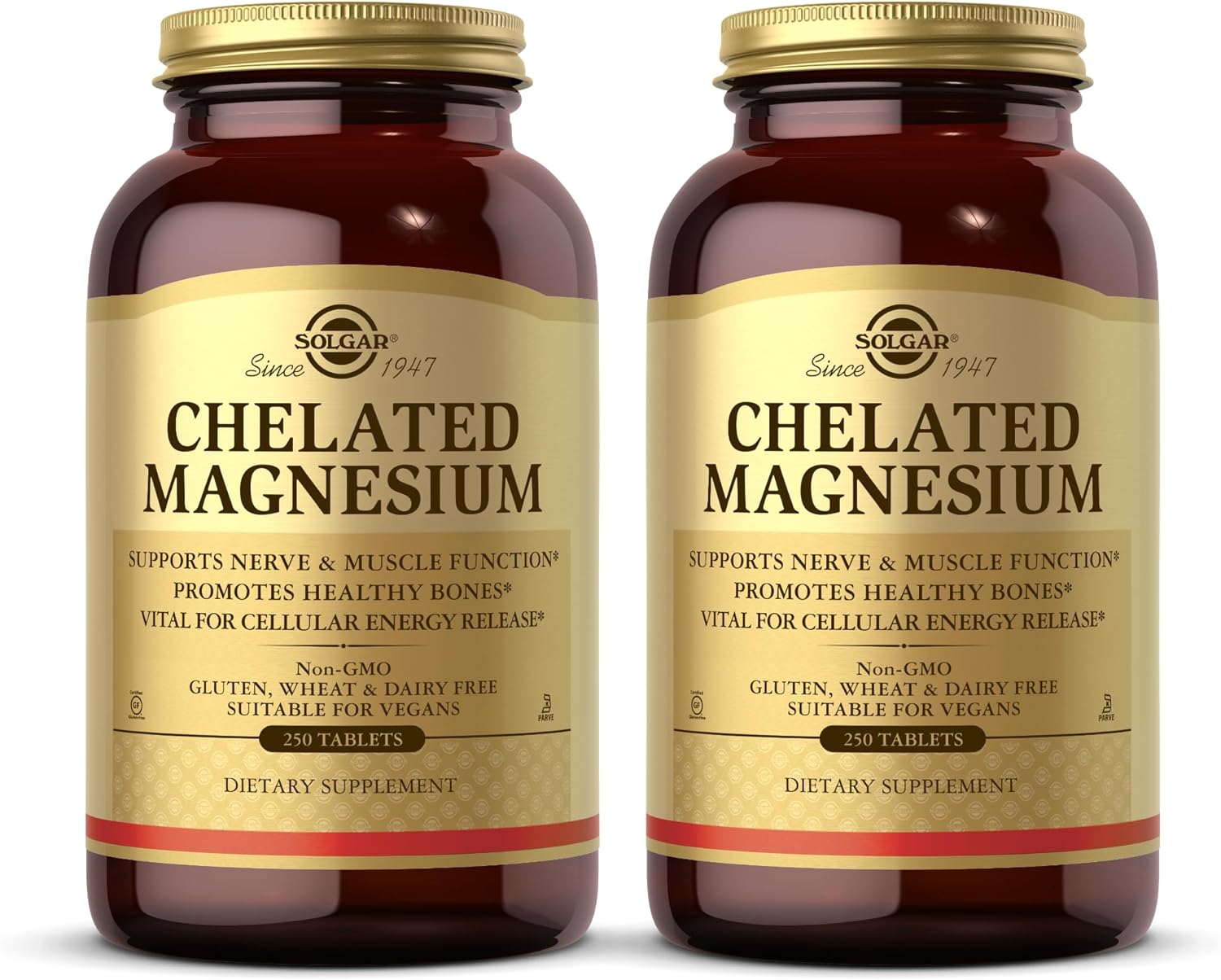 Solgar Chelated Magnesium - 250 Tablets, Pack of 2 - Supports Nerve & Muscle Function - Non-GMO, Vegan, Gluten Free, Dairy Free, Kosher - Approx. 124 Servings