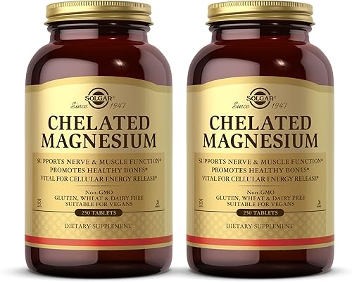 Solgar Magnesio quelado, 250 tabletas, paquete de 2, soporta la función nerviosa y muscular, sin OMG, vegano, sin gluten, sin lácteos, kosher,