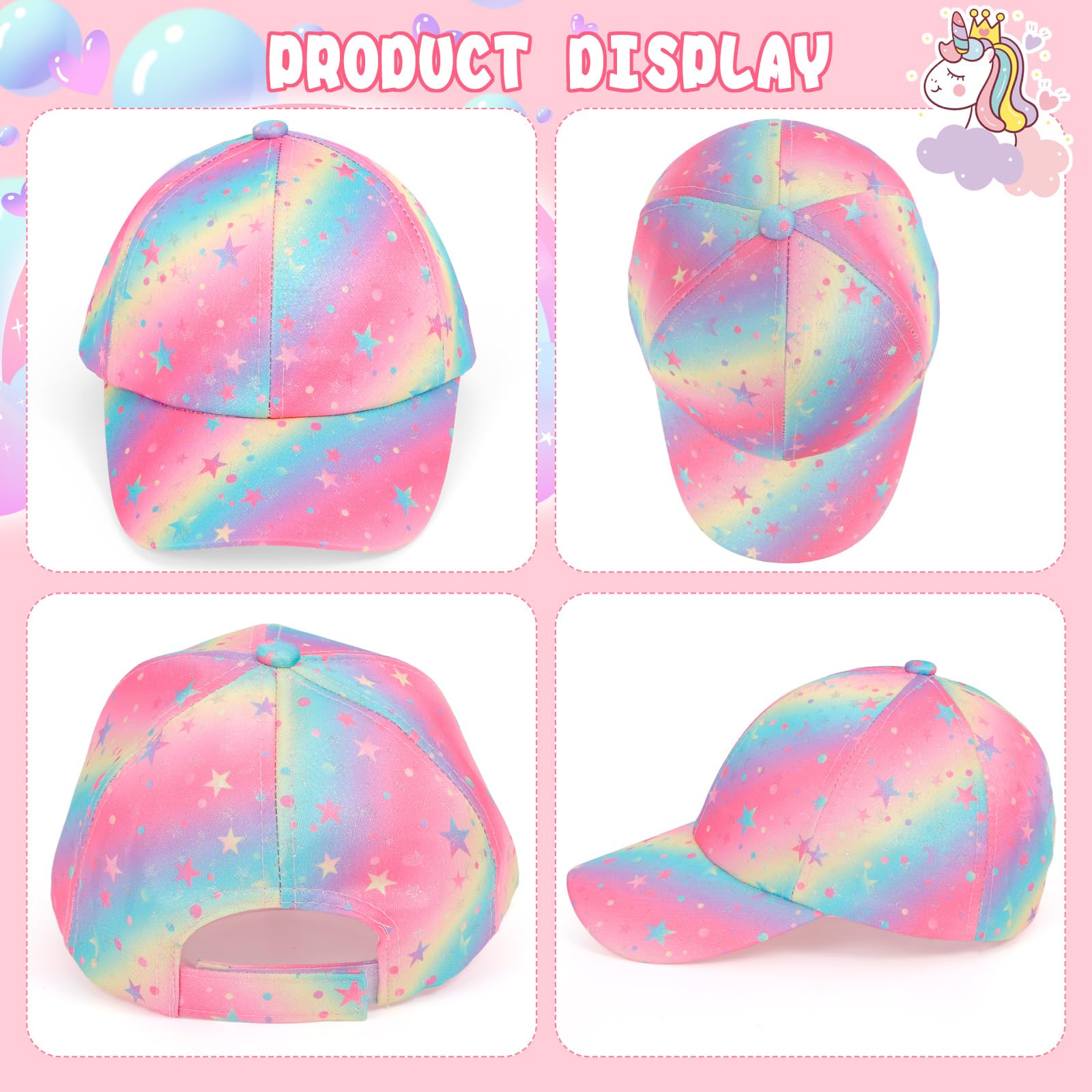 Gorra Niña y Gafas de Sol, Gorras de Béisbol Tie-Dye con Estelar Sombreros para el Sol Arcoíris Ajustable Gafas de Corazon para Niños Sombrero Verano con Visera Rosa Regalo Niña 3-8 Años