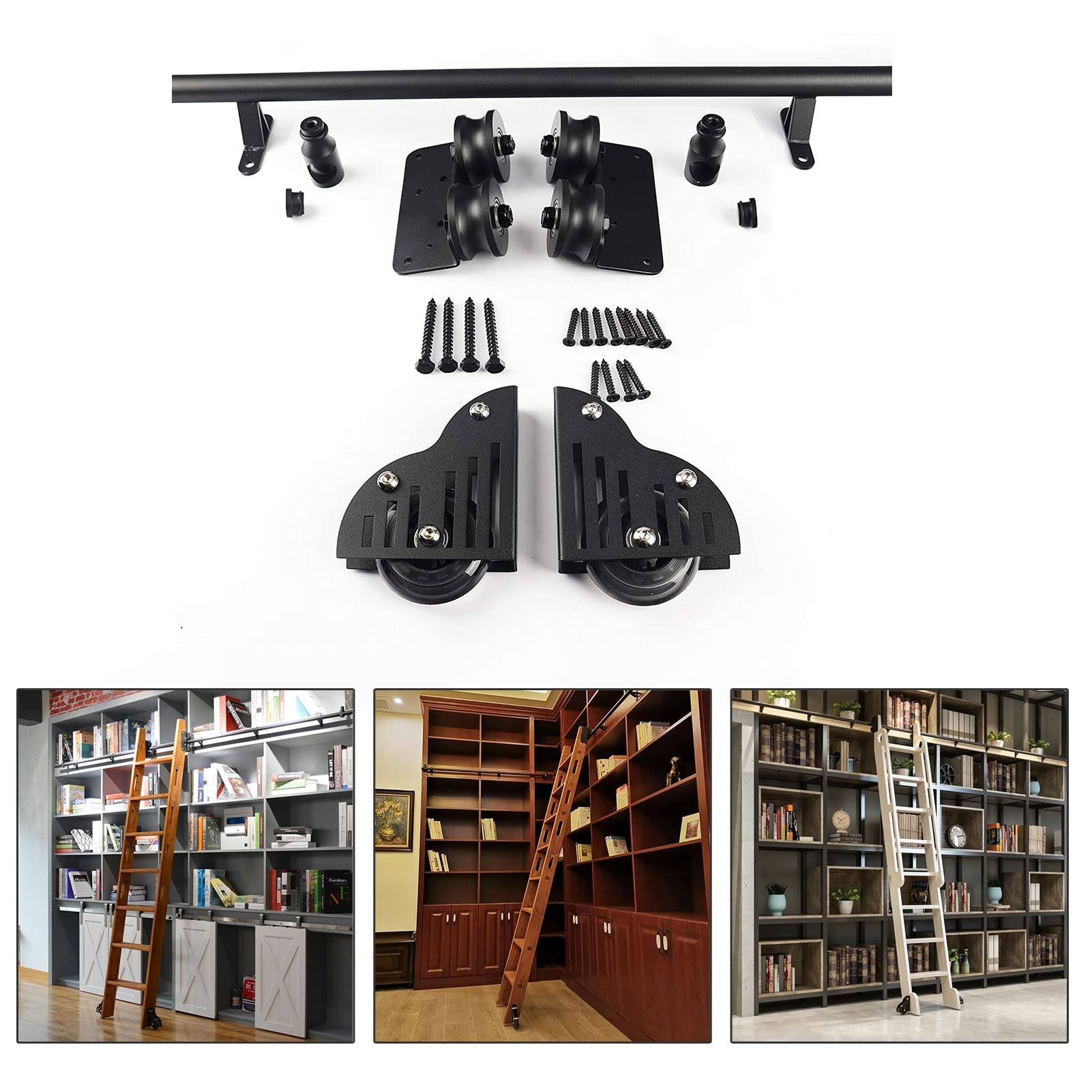 DFGHNBVC 3.3Ft-20Ft Black Steel Rolling Library Ladder Hardware Sliding Barn Style Track Kit,With Floor Roller Wheels,Round Track/Rail Suitable For Home/Indoor/Loft/Library,Black-10Ft/300Cm Track Kit