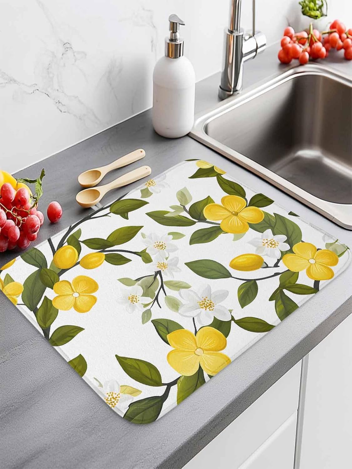 Drying Mats for Kitchen Counter 2 Pcs, Farm Yellow Flowers Country Watercolor Microfiber Absorbent Dish Drainer/Rack Mat,Reversible Hangding Quick Drying kitchen Decor,16x18 Machine Washable