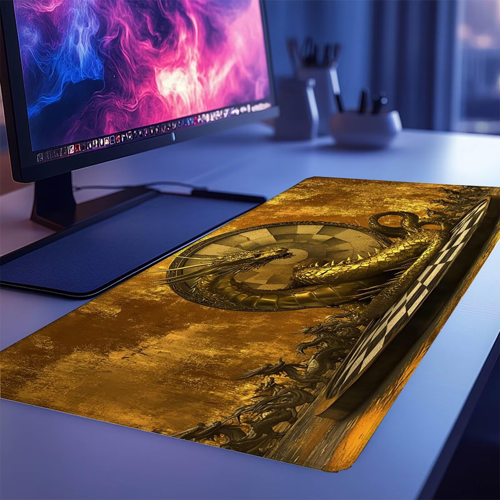 Podkładka pod mysz xxl 1400 x 600 x 3 mm, duża żółta mata na biurko, antypoślizgowe i wodoodporne szyte krawędzie, podkładka pod mysz smoka, kompatybilna z bezprzewodową klawiaturą i myszą
