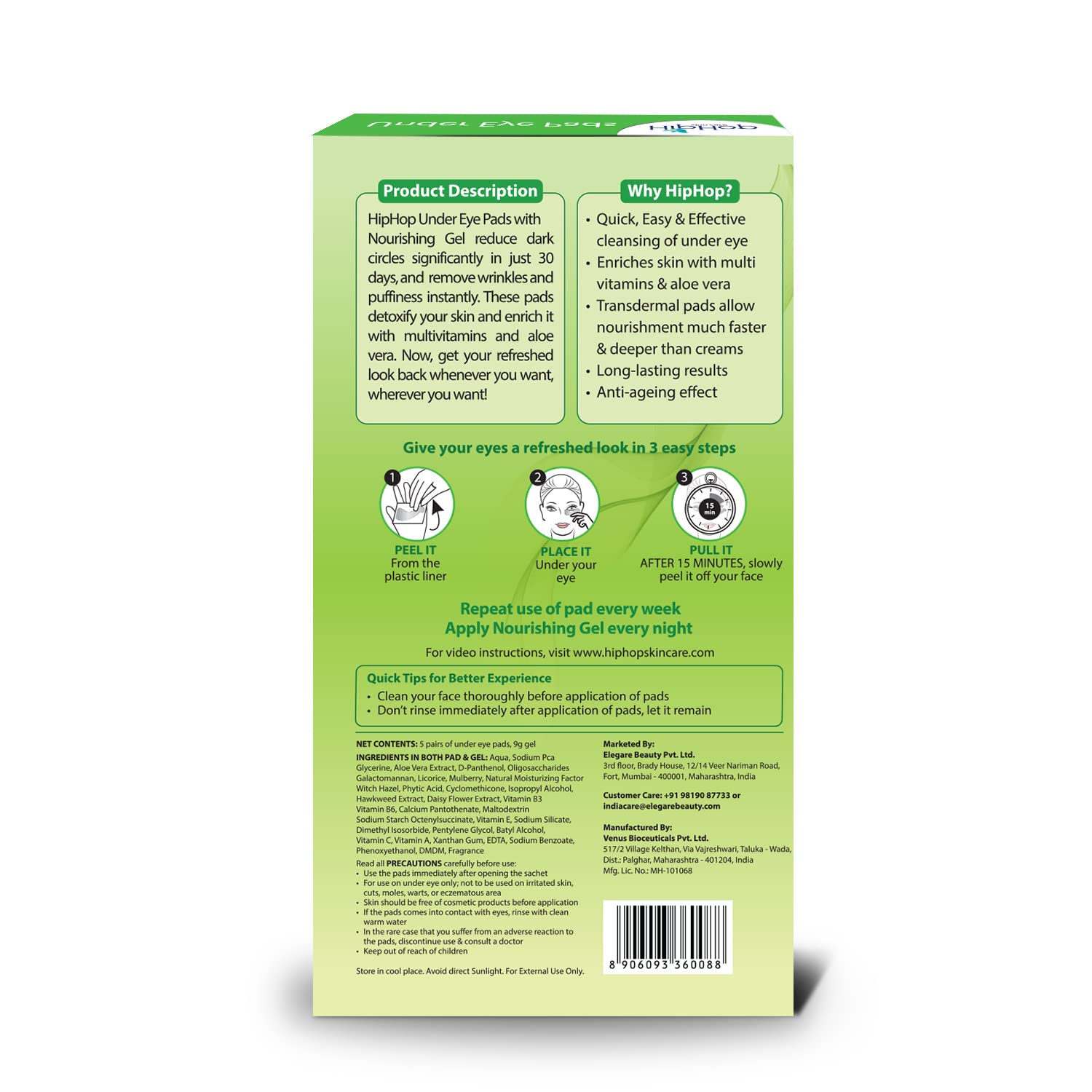 HipHop Under Eye Pads with Nourishing Gel, Lightens Dark Circles, Puffiness & Wrinkles with Aloe Vera Extracts for Men & Women- 5 pads - Image 7 thumbnail