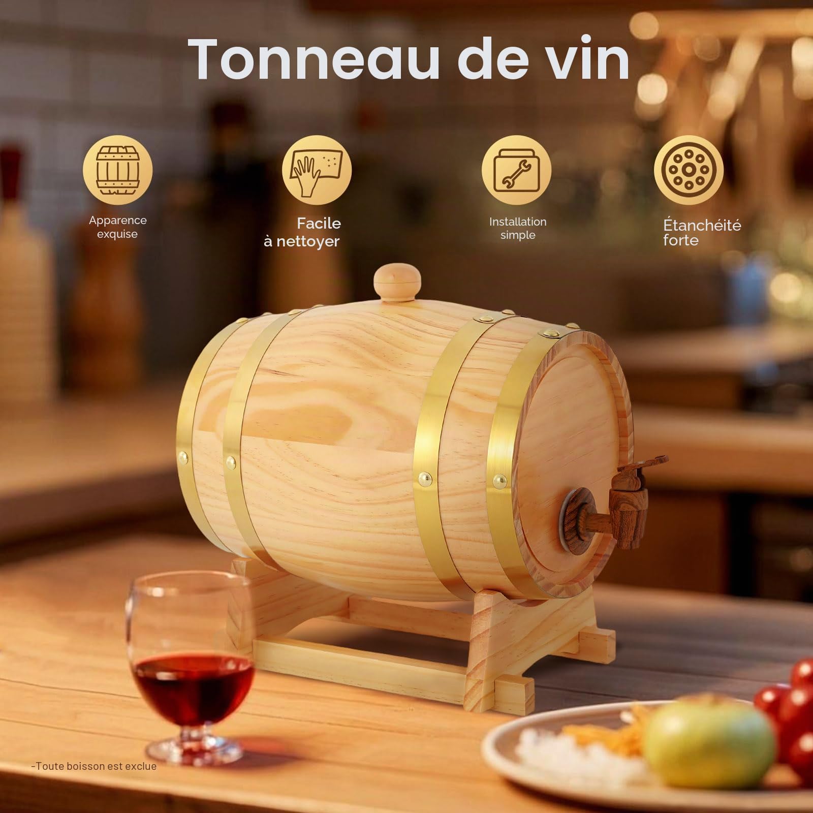 Tonneau à vin de 3 l avec support et robinet Log Color en bois - Convient pour le stockage du whisky, du rhum, du brandy, de la tequila, de la bière, etc