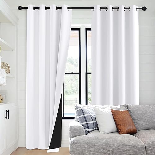 PONY DANCE Cortinas opacas 100% blancas de 84 pulgadas de largo, juego de 2 paneles con forro negro, cortinas pesadas de 2 capas con aislamiento