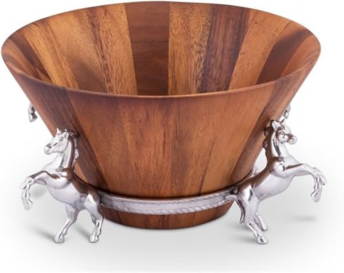 Arthur Court Designs wood salad bowl with Aluminum Horse stand 12 inch Diameter x 7 inch Tall