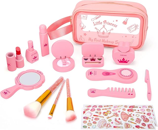 LAWASEN Kids Makeup Sets for Girls, Wooden Pretend Makeup Play Kit with Cosmetic Bag,Toys for 3+ Years Old Toddlers, for Girls Children - 15 Pieces