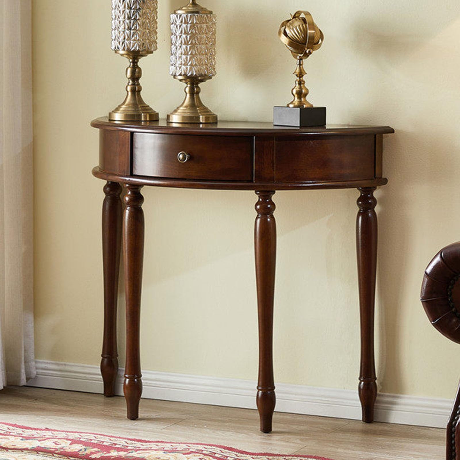 Table d'entrée en bois massif, console étroite en demi-lune avec tiroir
