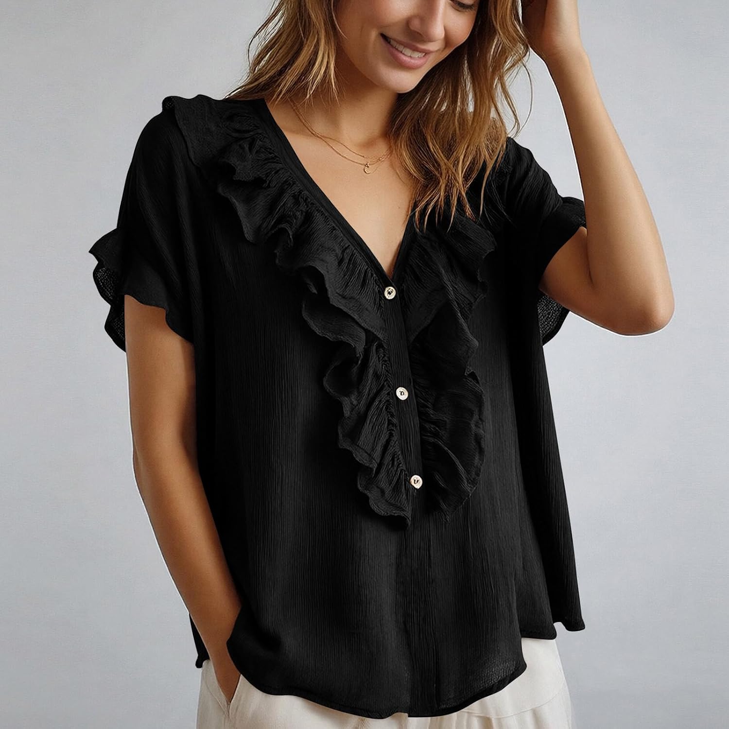 Linen Shirts for Women Ruffle Trim V Neck Top Boho Short Sleeve Summer Blouse Cotton Casual Blouses with Buttons