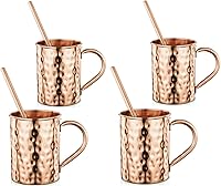Vista 1 de Avador® Juego de 4 tazas hechas a mano de cobre 100% puro Moscow Mule con vaso de chupito y pajitas con acabado martillado, 16 onzas, elegante