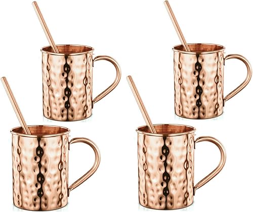 Avador® Juego de 4 tazas hechas a mano de cobre 100% puro Moscow Mule con vaso de chupito y pajitas con acabado martillado, 16 onzas, elegante y
