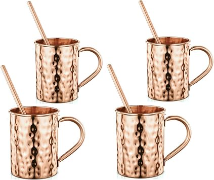 Avador Set of 4 Handcrafted 100% Pure Copper Moscow Mule Mugs with Straws Hammered Finish 16 Oz. Elegant Modern Set for Special Occasions | Gifting | Wedding Favors | Beverage Tasting