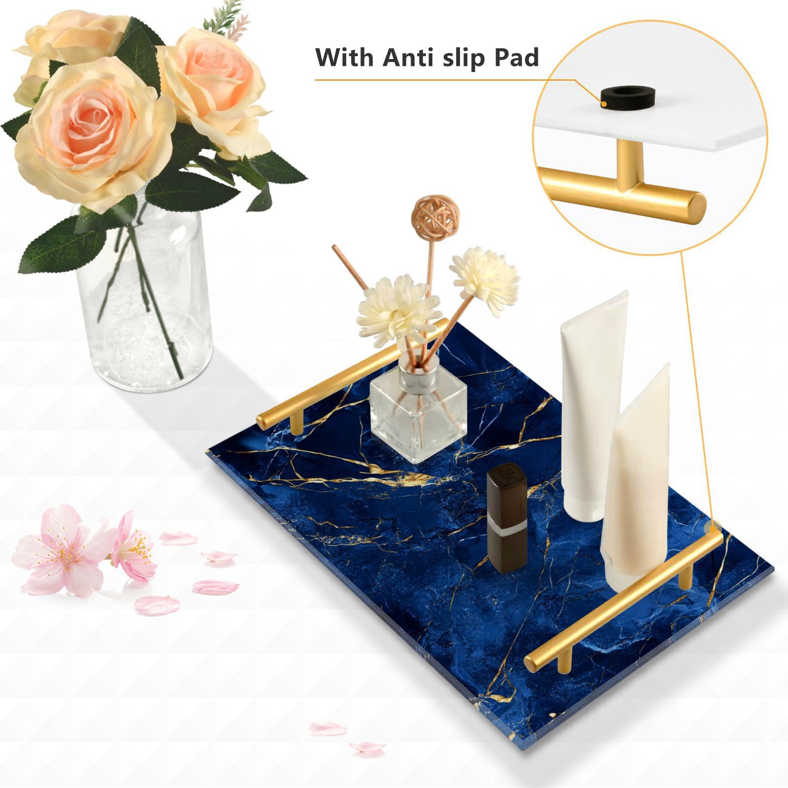 Bandeja decorativa grande con textura de mármol azul y dorado con asas, bandeja perfecta para servir desayuno, joyas, perfumes y plato, diseño de plástico