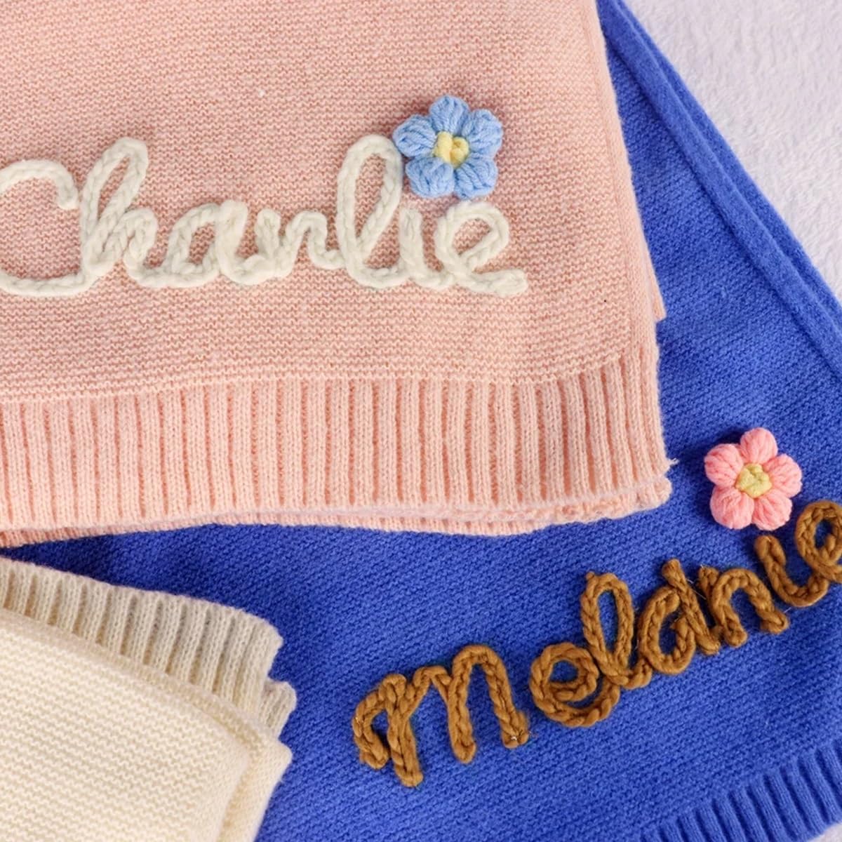 HERSTL Personalized Embroidered Baby Blanket, Soft Cotton Knitted Stroller Blanket with Name, Breathable Newborn Receiving Blanket, (Bright Pink)