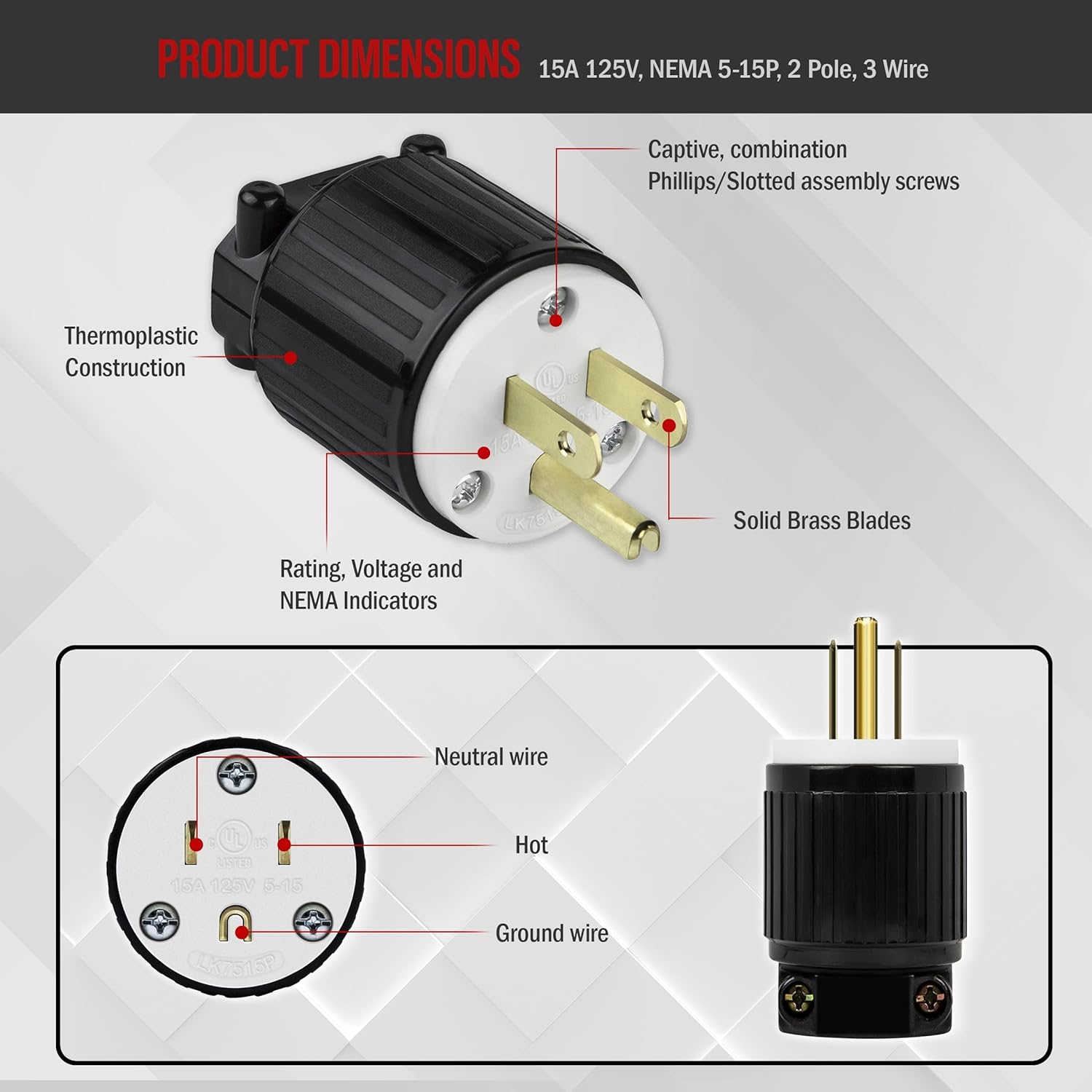 10-Pack, UL Listed NEMA 5-15P Male Electric Plugs, Extension Cord Ends Replacement, 125V 15 Amp, 2 Poles 3-Prong 3-Wire Connector