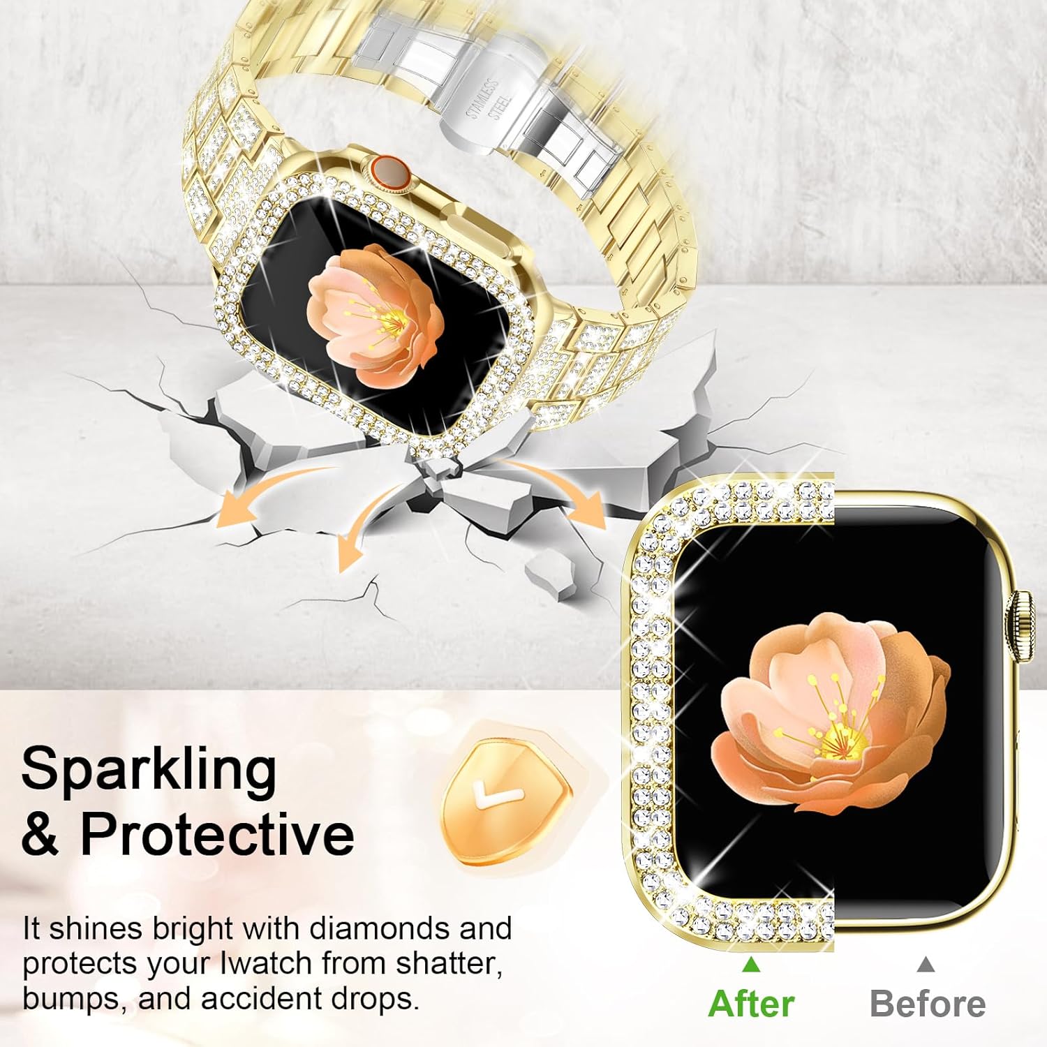 Newlibery Full Bling Watch Bands with Bling Case for Women Compatible with Apple Watch Band 41mm Elegant Dressy Jewelry Replacement Metal Link Wristband Protector Cover for iWatch Series 9/8/7 Gold