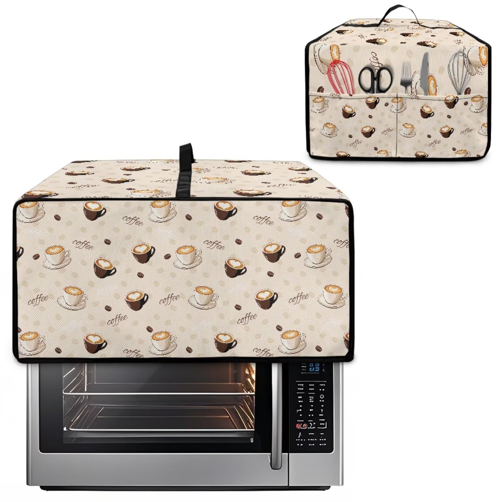 Pzuqiu Coffee Pattern Bread Maker Cover with Multiple Pockets Small Kitchen Appliance Protector Anti Greasy Dustproof Bread Machine Dust Cover Home Decor