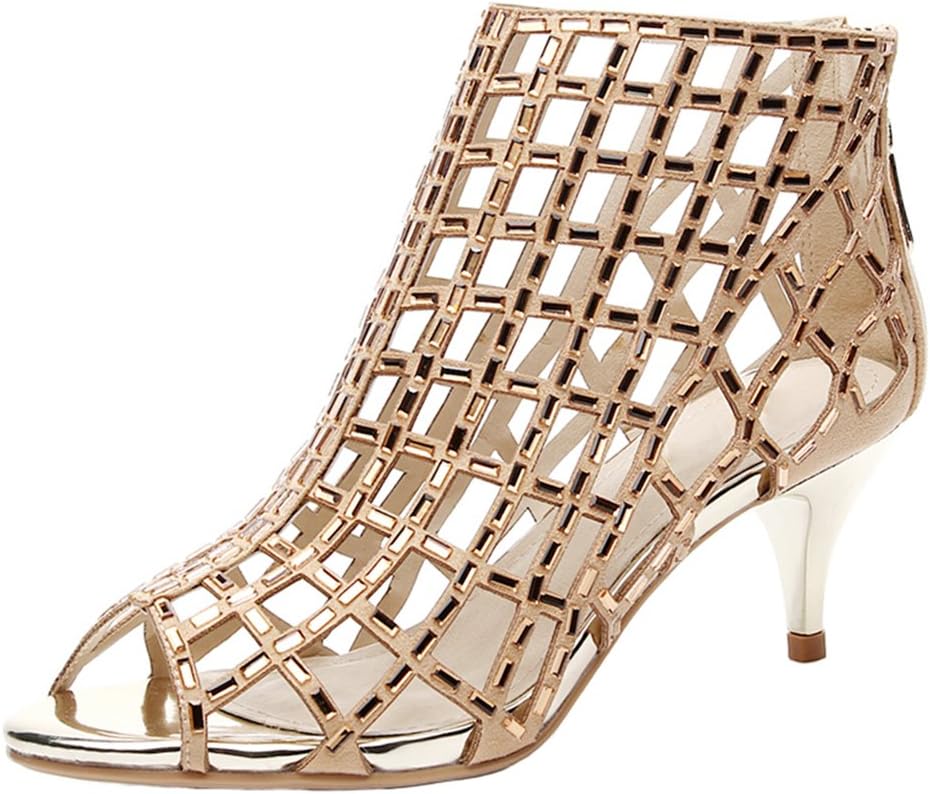 Womens Rhinestone Ankle Bootie Prom Heeled Sandals Evening Dress Stiletto High Heel (5, gold-2inch)