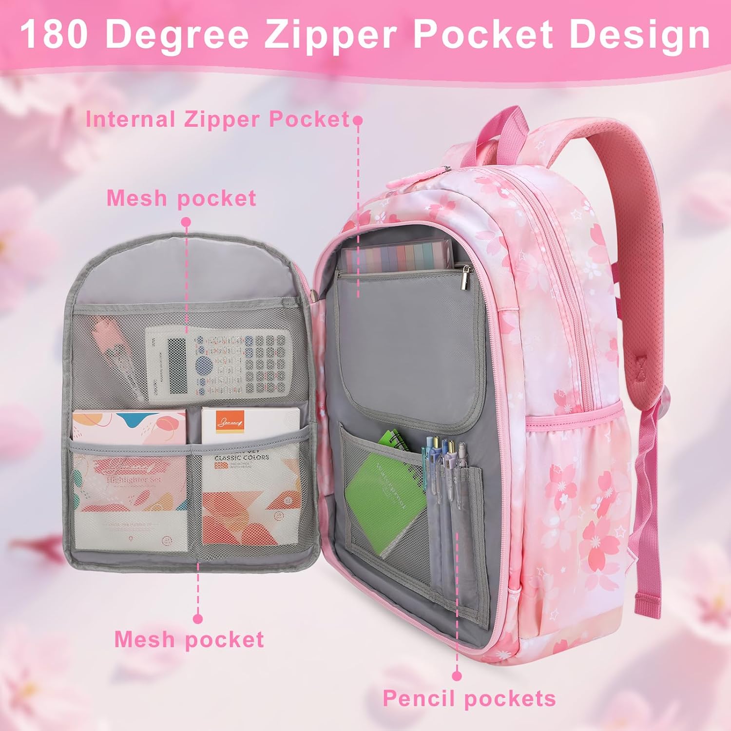 Backpack for Girls 3pcs Set, Kids Backpack for Girls with Lunch Box Pencil Case Set for Teens Elementary Middle School Bags (Pink-3 Pieces Set-1) - Image 6